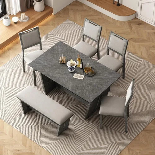 Miniatura 2 de Merax Juego de comedor retro de 6 piezas, 1 mesa rectangular con base de mesa trapezoidal estable y 4 sillas tapizadas y 1 banco para comedor