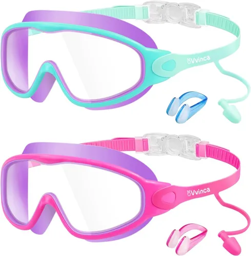 Miniatura 16 de Vvinca Gafas de natación para niños, con tapones para los oídos y clip para la nariz, visión amplia, antivaho y UV, para niños y niñas de 3 a 15 años
