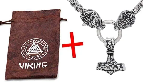 Miniatura 5 de GuoShuang Collar con colgante de cabeza de lobo con Thor Mjolnir Acero Inoxidable - Cadena King