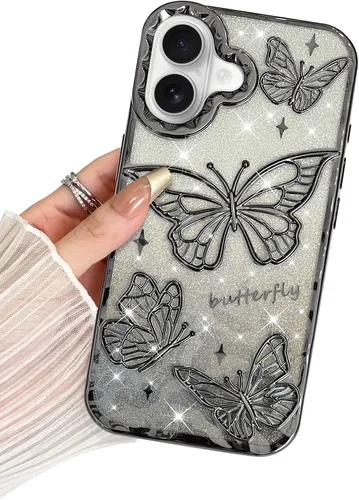 Miniatura 19 de BITOBE Diseñada para iPhone 15 Pro Max, bonita funda de mariposa 3D chapada en purpurina delgada para mujeres y niñas, protección de cámara, Negro