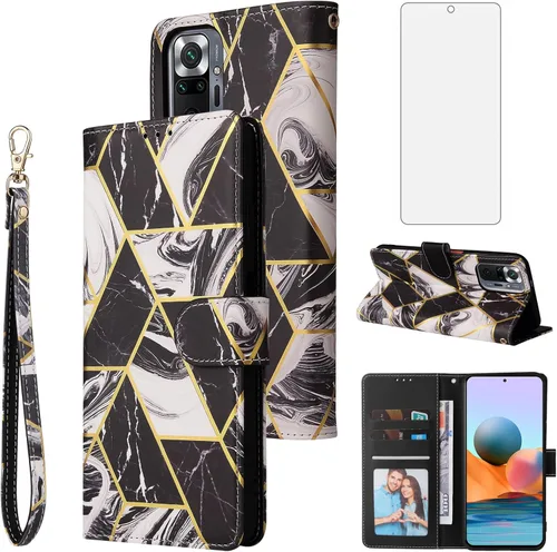 Funda tipo cartera compatible con Xiaomi Redmi Note 10 Pro y protector de pantalla de vidrio templado, soporte para tarjetas de cuero, soporte para