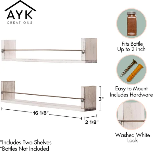 Miniatura 2 de Estante de especias montado en la pared para decoración de cocina, 2 estantes en blanco lavado, estante de pared de madera para especias