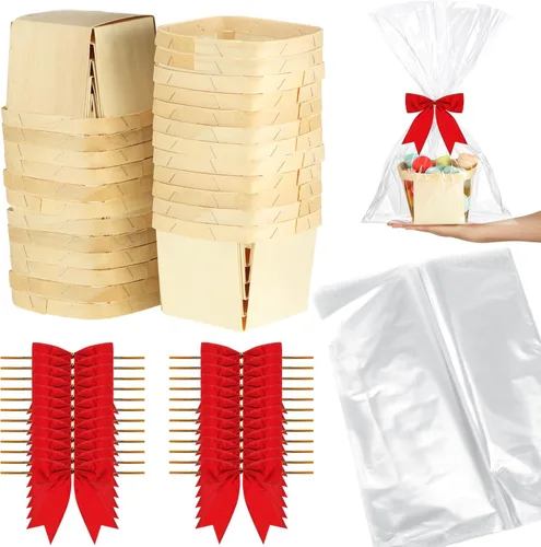 Miniatura 8 de Kigley Juego de 24 cestas de regalo de madera con bolsas de celofán y lazos, kit de mini cestas de bayas vacías para recoger frutas, graduación
