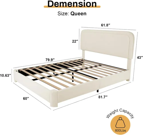 Miniatura 2 de Base de cama tamaño Queen, marco de cama Boucle con cabecera ajustable, cama de plataforma tapizada moderna con listones de madera, esquinas Beige