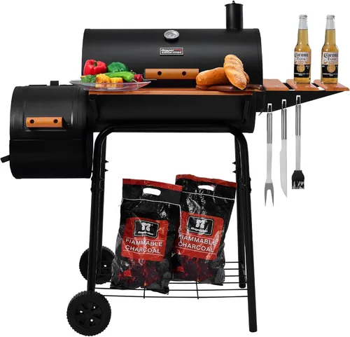 Royal Gourmet CC1624W - Parrilla de carbón de barril con ahumador desplazado, área de cocción de 552 pulgadas cuadradas, estante frontal y lateral