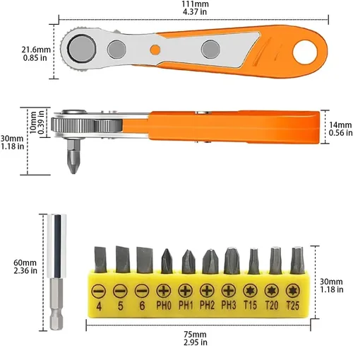 Miniatura 2 de Juego de 12 mini llaves de trinquete de 1/4 de pulgada de ángulo recto de acero de 36 dientes, mango reversible de 90 grados con juego de puntas