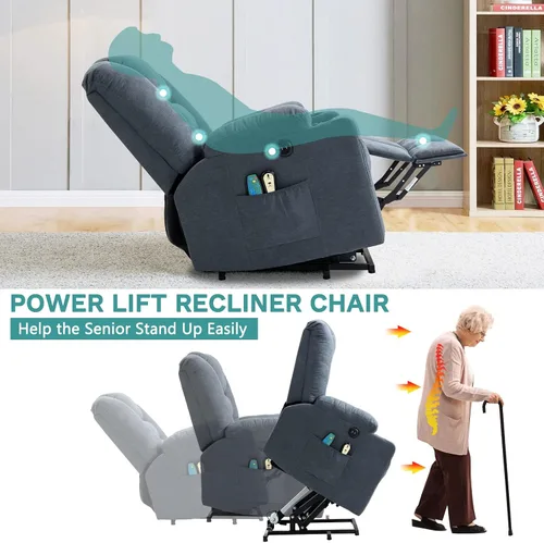 Miniatura 3 de MEETWARM Silla reclinable eléctrica para personas mayores con calefacción por vibración, masaje de tela suave, con 2 controles remotos, puertos USB