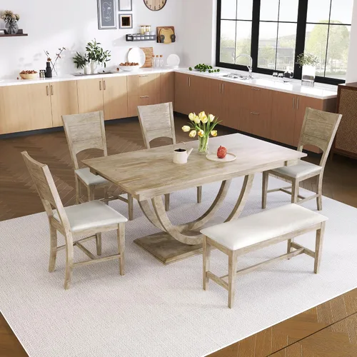 Miniatura 11 de Merax Juego de mesa de comedor de granja de 6 piezas, mesa de cocina media redonda de madera de 59.1 pulgadas con 4 sillas de comedor y banco largo