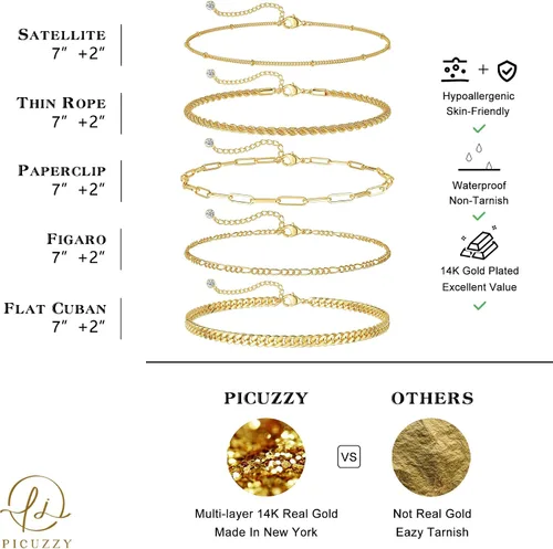 Miniatura 3 de Picuzzy Pulseras de oro para mujer, de oro real de 14 quilates, apilables, impermeables, juego de joyas para mujer, a la moda, delicadas, bonitas