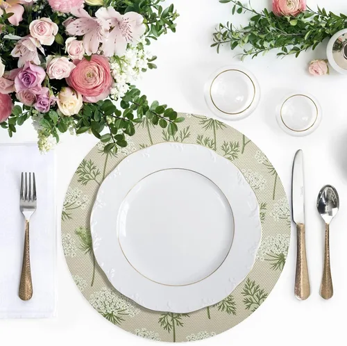 Miniatura 5 de Flowers Green White Blooms Beige Dining Room Table Placemats, Heat Resistant Non Slip Washable Round Place Mats for Kitchen one sizex1