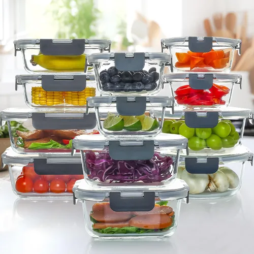 Miniatura 7 de UMEIED Paquete de 12 recipientes de vidrio para almacenamiento de alimentos con tapas a prueba de fugas, recipientes herméticos de vidrio para Negro