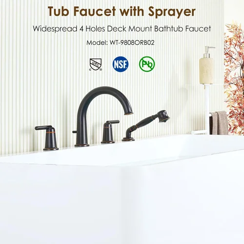 Miniatura 2 de Bathtub Faucet with Sprayer Bathroom Brass Roman Tub Faucet with Rough-in Valve Widespread Deck Mount Tub Filler Bronze WT-9808ORB02