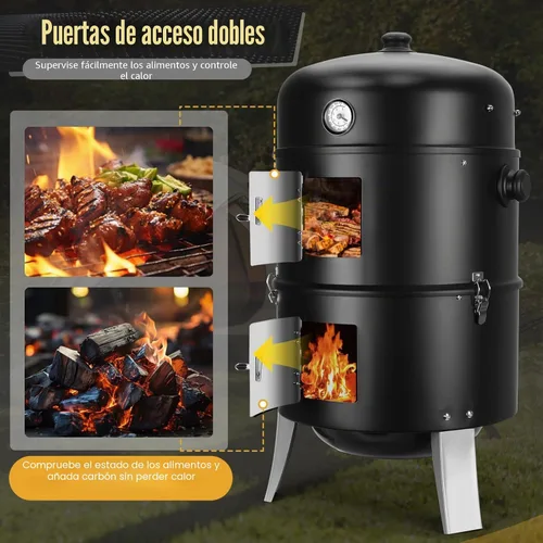 Miniatura 4 de Ahumador de carbón para carne: Parrillas de carbón para barbacoa 4 en 1 resistentes de 16 pulgadas - Combo de parrilla vertical para ahumar barbacoa