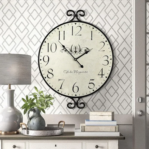 Reloj de pared grande de 24 pulgadas, marco de hierro forjado con acabado gris cálido, reloj de pared silencioso a pilas para sala de estar, cocina,
