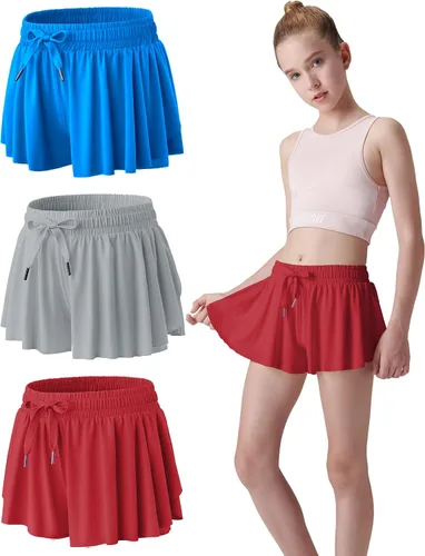 Paquete de 3 pantalones cortos fluidos para niñas con forro de elastano, 2 en 1, faldas de mariposa para jóvenes, para fitness, correr, deportes