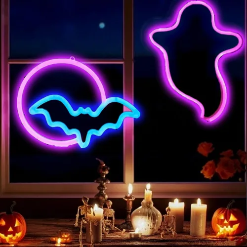 Miniatura 18 de Letreros de neón de murciélago para dormitorio, mesita de noche, decoración de pared, decoración de Halloween, luces LED de noche, adornos de mesa