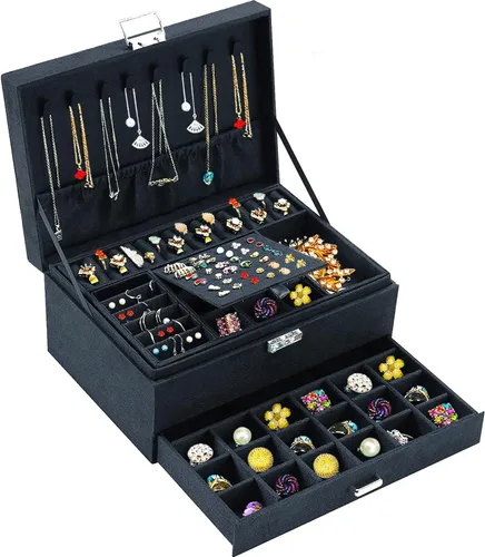 Joyeros para mujer, organizador de joyas de terciopelo negro con cerradura, organizadores de joyas para adolescentes, organizador de joyas para