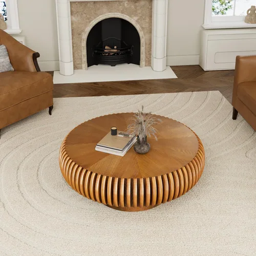 Miniatura 8 de Mesa de centro de tambor de 31.5 pulgadas, moderna y única, mesa de té acanalada, mesa de centro redonda de madera contemporánea con mesa central