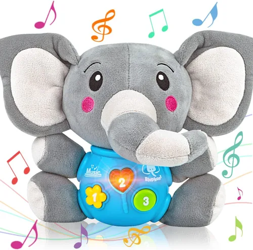 Aitbay elefante musical de peluche, juguete para niños de 0, 3, 6, 9 y 12 meses, bonito peluche con luces para bebés recién nacidos, para niños y