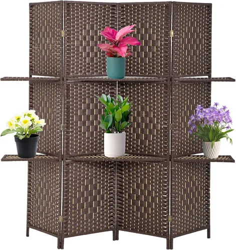 Miniatura 11 de Divisor de habitación de 4 paneles, divisor de pantalla de madera plegable, separador de partición de madera con estantes de almacenamiento