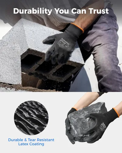 Miniatura 3 de toolant Guantes de trabajo de látex arrugado a granel, guantes de trabajo de seguridad con revestimiento de goma para hombres y mujeres, 12 pares