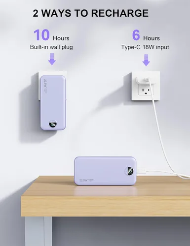 Miniatura 7 de Cargador portátil, 20000 mAh 22.5 W, cargador de energía de carga rápida con cables integrados y enchufe de pared, batería externa USB C con Púrpura