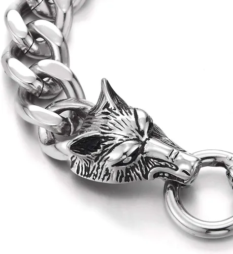 Miniatura 2 de COOLSTEELANDBEYOND Biker Punk Rock Mens Stainless Steel Wolf Head Curb Chain Bracelet with Spring Ring Clasp, 9 Inches