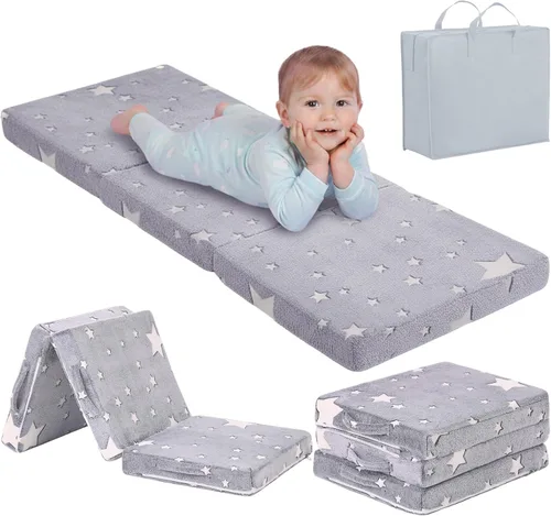 Miniatura 21 de Tiita Colchón de suelo plegable para niños, futón de felpa o tapete de suelo con bolsa de almacenamiento, tapete para siesta de piso para niños