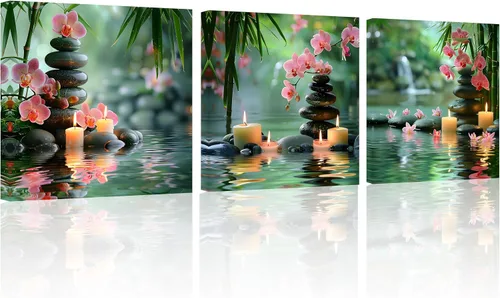 Miniatura 26 de TutuBeer 3 Paneles Arte Zen Decoración Spa Verde Bambú Decoración Rosa Aguas y Frangipani Imágenes Pintura Zen en Lienzo Impresiones Arte Bambú