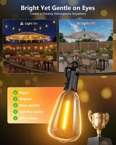 Miniatura 2 de Brightown Guirnalda de luces solares de 37 pies para exteriores, impermeable, con control remoto, 10+1 bombillas LED inastillables, regulables