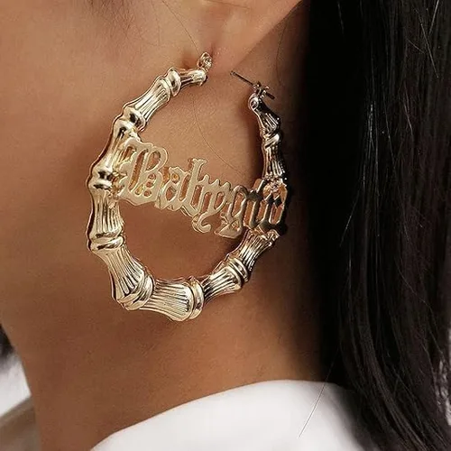 Miniatura 2 de Aretes de aro de bambú para mujer, de acero inoxidable, estilo de letra inglesa, estilo de los años 8090, accesorio para disfraz, conjunto de joyas