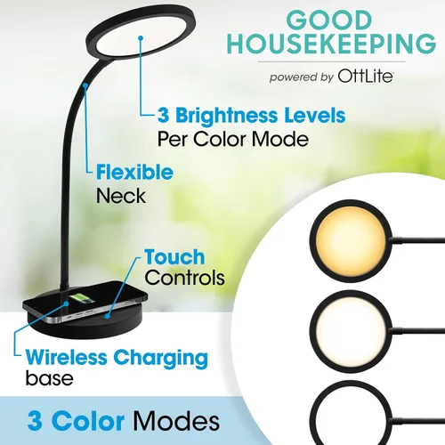 Miniatura 2 de OttLite Good Housekeeping - Lámpara de escritorio LED circular con carga inalámbrica, diseñada para reducir la fatiga ocular, lámpara de escritorio