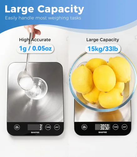 Miniatura 2 de Báscula digital de cocina de 33 libras, báscula de alimentos recargable con acero inoxidable, gramos y onzas, carga USB, 0.04 oz de alta precisión