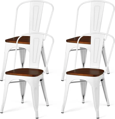 Miniatura 10 de HAPPYGRILL Juego de 4 sillas de comedor, sillas de cocina de metal para interiores y exteriores con asiento de madera y respaldo alto, sillas