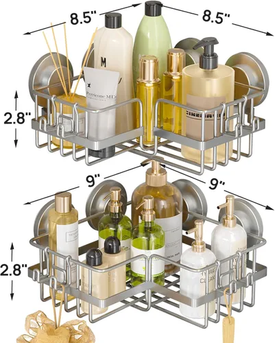 Miniatura 6 de LEVERLOC Organizador de ducha con ventosa adaptable a la esquina, paquete de 2 unidades, estante de ducha esquinero de acero inoxidable a prueba