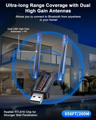 Miniatura 3 de ZEXMTE Adaptador Bluetooth 6.0 para PC, receptor transmisor Bluetooth USB de doble antena Plug & Play, largo alcance de 656.2 ft/656 pies, chip