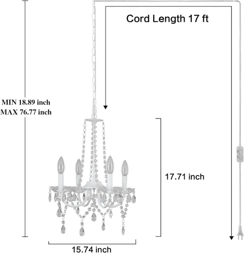 Miniatura 5 de ETONIMERR Lámpara de araña pequeña de cristal con enchufe Iluminación 4 luces Lámpara de araña moderna de cristal con cable de enchufe de 5.2 metros