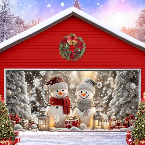 Miniatura 9 de Cubierta de puerta de garaje de Navidad de 6 x 8 pies, Papá Noel, retro, camión, nieve, árbol de Navidad, decoración de puerta de garaje, decoración