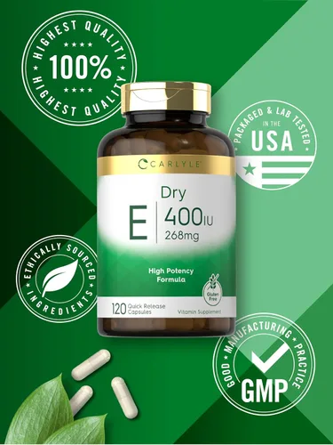 Miniatura 6 de Carlyle Vitamina E seca de 400 UI 120 cápsulas D-alfa tocoferilo Fórmula de alta potencia Sin OMG y sin gluten