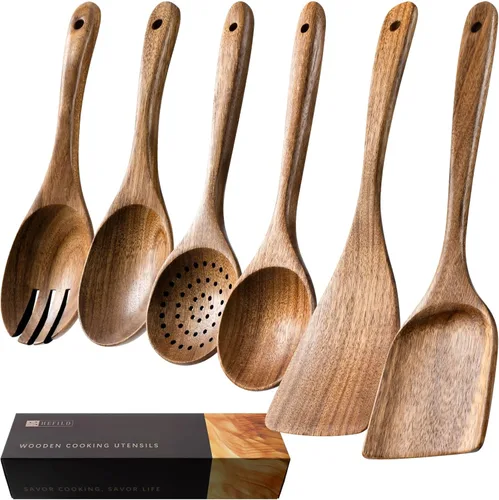 cucharas de madera para cocinar, juego de utensilios de cocina antiadherentes con 6 piezas de espátulas y cucharas de madera de acacia para cocinar,