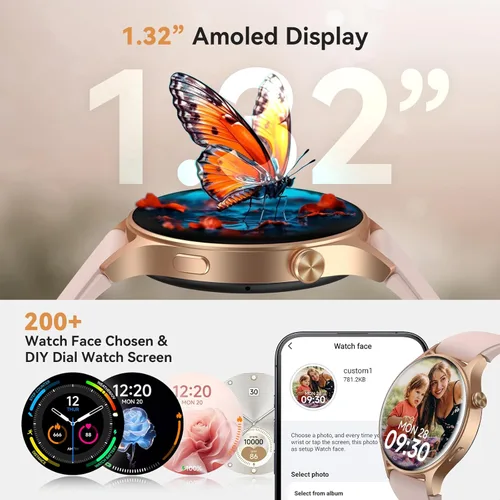Miniatura 4 de Reloj inteligente para mujer, responder/hacer llamadas, pantalla ultra clara AMOLED de 1.32 pulgadas con monitor de frecuencia cardíaca, sueño/SpO2