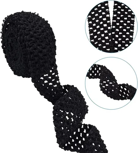 Miniatura 3 de KISSITTY 2 rollos de cintas elásticas de ganchillo de 10.93 yardas, de poliéster negro, banda elástica de ganchillo plano para envolver regalos