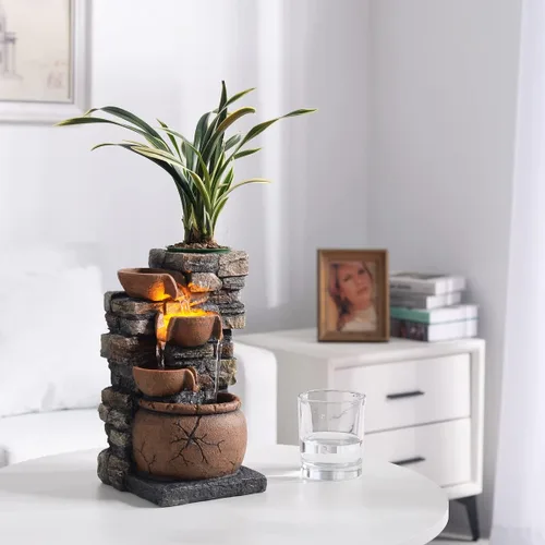 Miniatura 6 de Fuente interior de 4 tazones Rockery con sonido calmante para decoración del hogar y la oficina con una pequeña maceta de plástico para cultivar