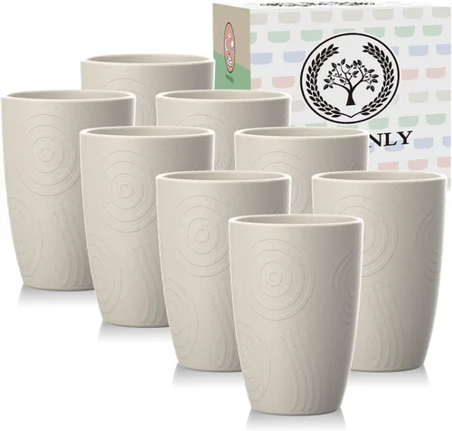 Homienly Tazas de paja de trigo 8 piezas, tazas de plástico irrompibles, taza de beber reutilizable, apta para lavavajillas, vasos de agua con Beige