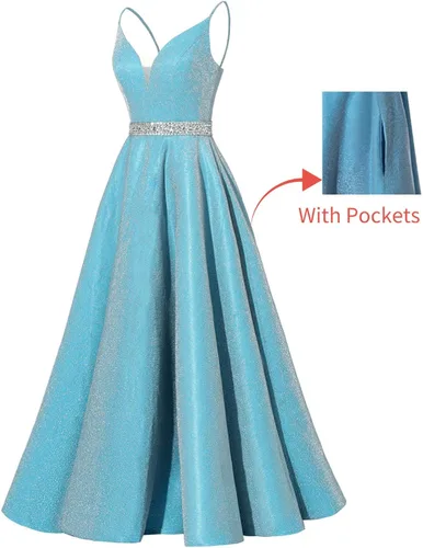 Miniatura 2 de Yexinbridal Vestido de fiesta con tirantes delgados con purpurina y cuentas largas de satén con cuello en V