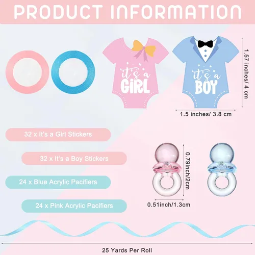 Miniatura 3 de 162 piezas de revelación de género para baby shower, 48 mini botellas de leche de plástico para bebé, 48 mini chupetes de plástico, 64 calcomanías