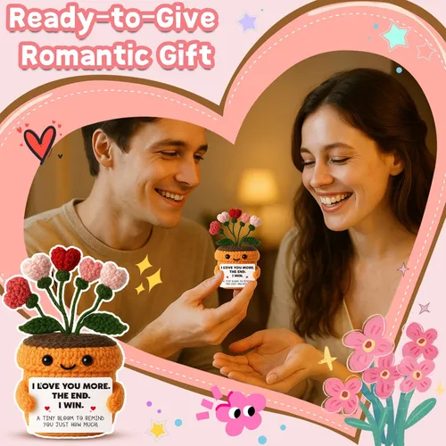 Miniatura 7 de MAMAGIFTREE Planta en maceta de ganchillo a mano con tarjeta I Love You More – Divertido ramo de corazón romántico, regalo eterno hecho a mano