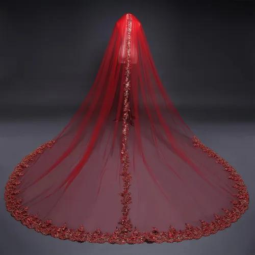 Velo de novia, rojo de una sola capa, borde de encaje, 9.8 ft de largo, velo de cola ensanchada, con peine, adecuado para fotografía de boda, foto,
