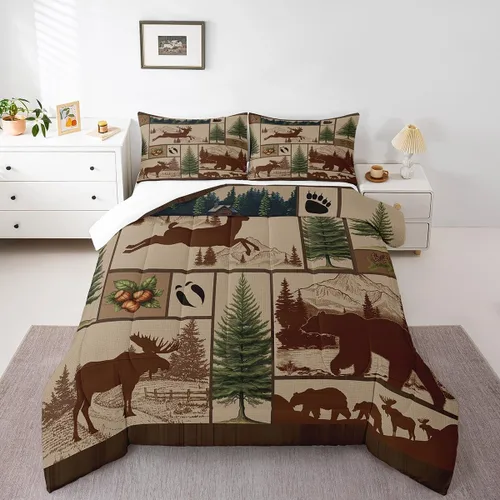 Miniatura 11 de Manfei Rutic Farmhouse - Juego de edredón tamaño King, juego de ropa de cama de retazos de madera a cuadros de ciervo, oso, árbol, 3 piezas