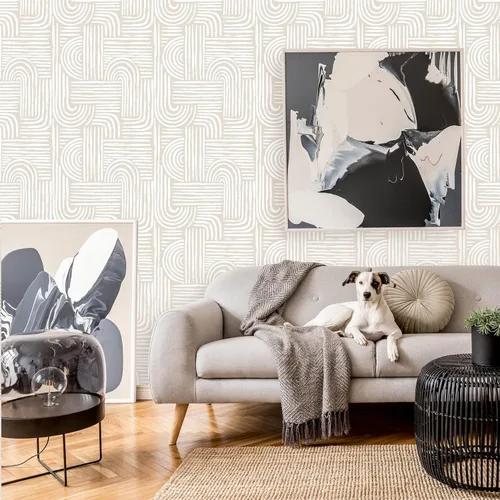 Miniatura 5 de Papel tapiz estético beige para despegar y pegar, mural geométrico autoadhesivo extraíble, líneas bohemias de mediados de siglo